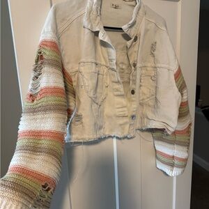 POL Distressed Cropped Denim White Jean Sweater Sleeve Jacket | M | Oversized